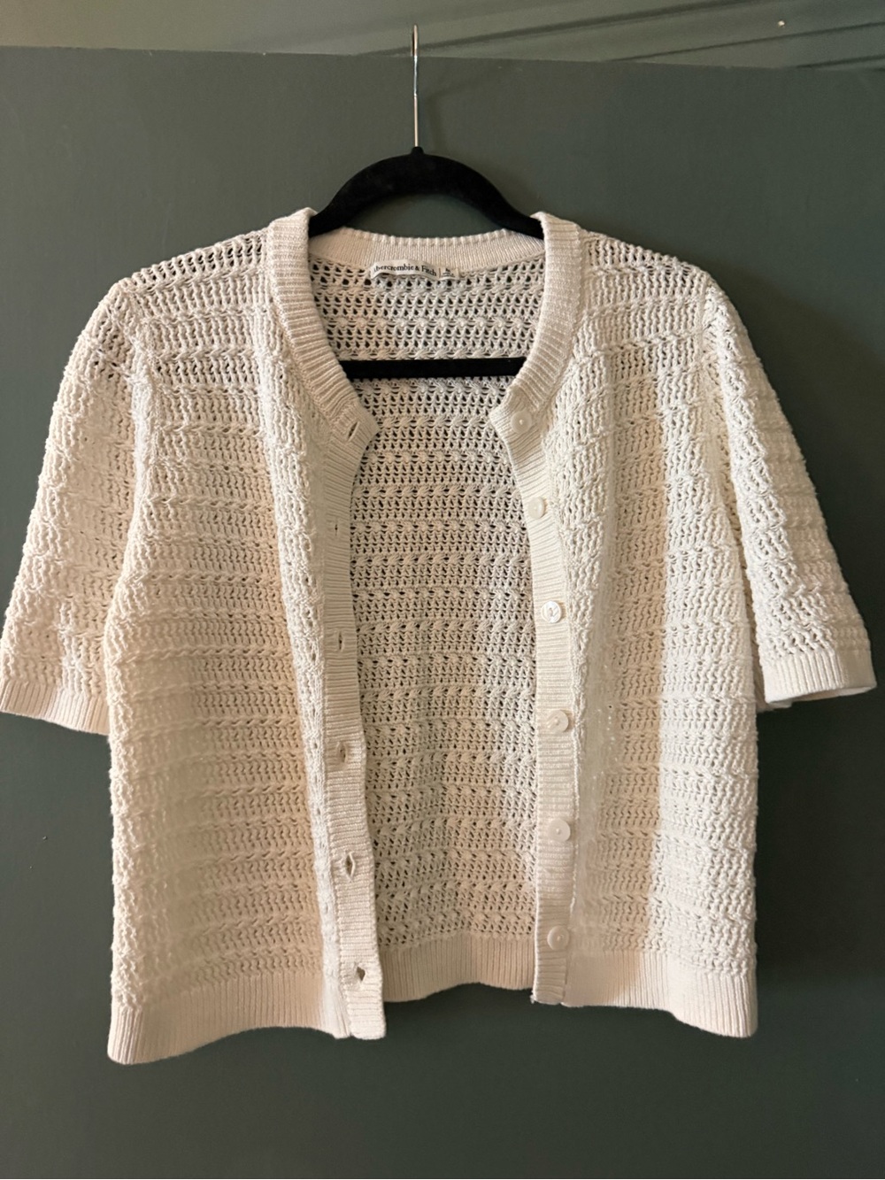 Abercrombie & Fitch Cream Short-Sleeve Crochet Cardigan - Button Front